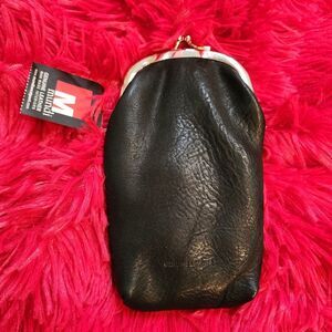 Vintage Black Genuine Pebbled Leather Pouch with Silver Toned Kiss Lock